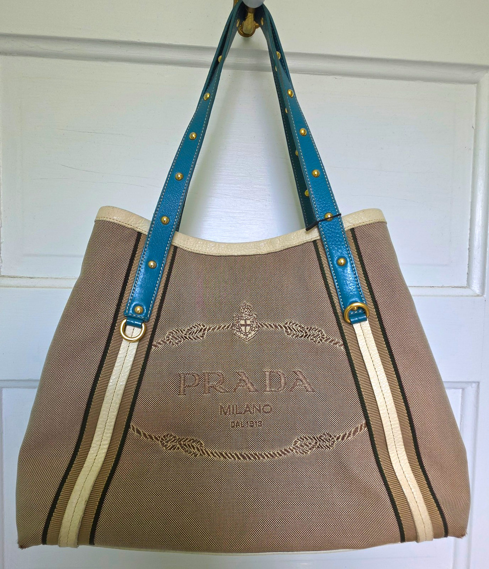 PRADA Logo Jacquard Tote Bag Brown/Blue/Beige Studded Handles Gold HW w/COA